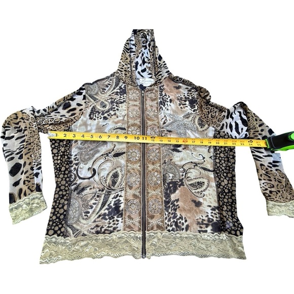 Y2K Sheer Mesh Hoodie L Leopard Mixed Print Lace Trim - Picture 3 of 7